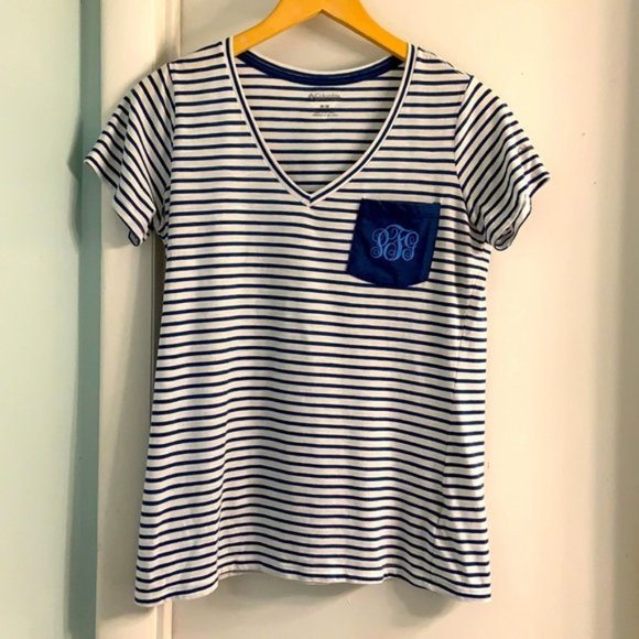 Columbia Tops Columbia Blue White Stripes Pfg Monogrammed Tee Shirt